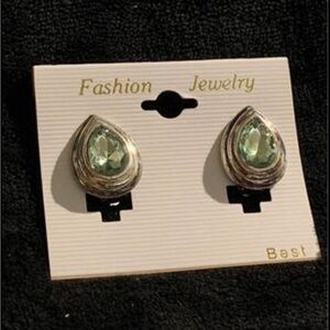 Clip on Earrings Beautiful silver colored Designer with green stone . New